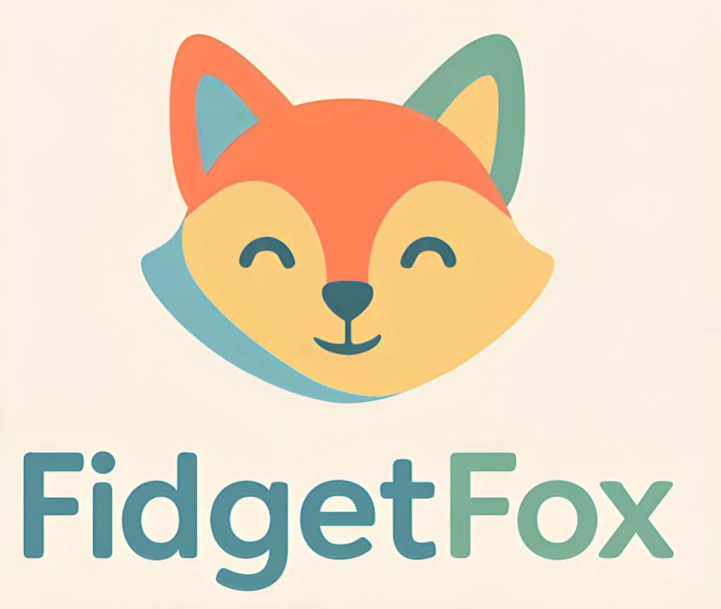 Coloured fox with Orange, yellow, blue and brown With the Words Fidget Fox